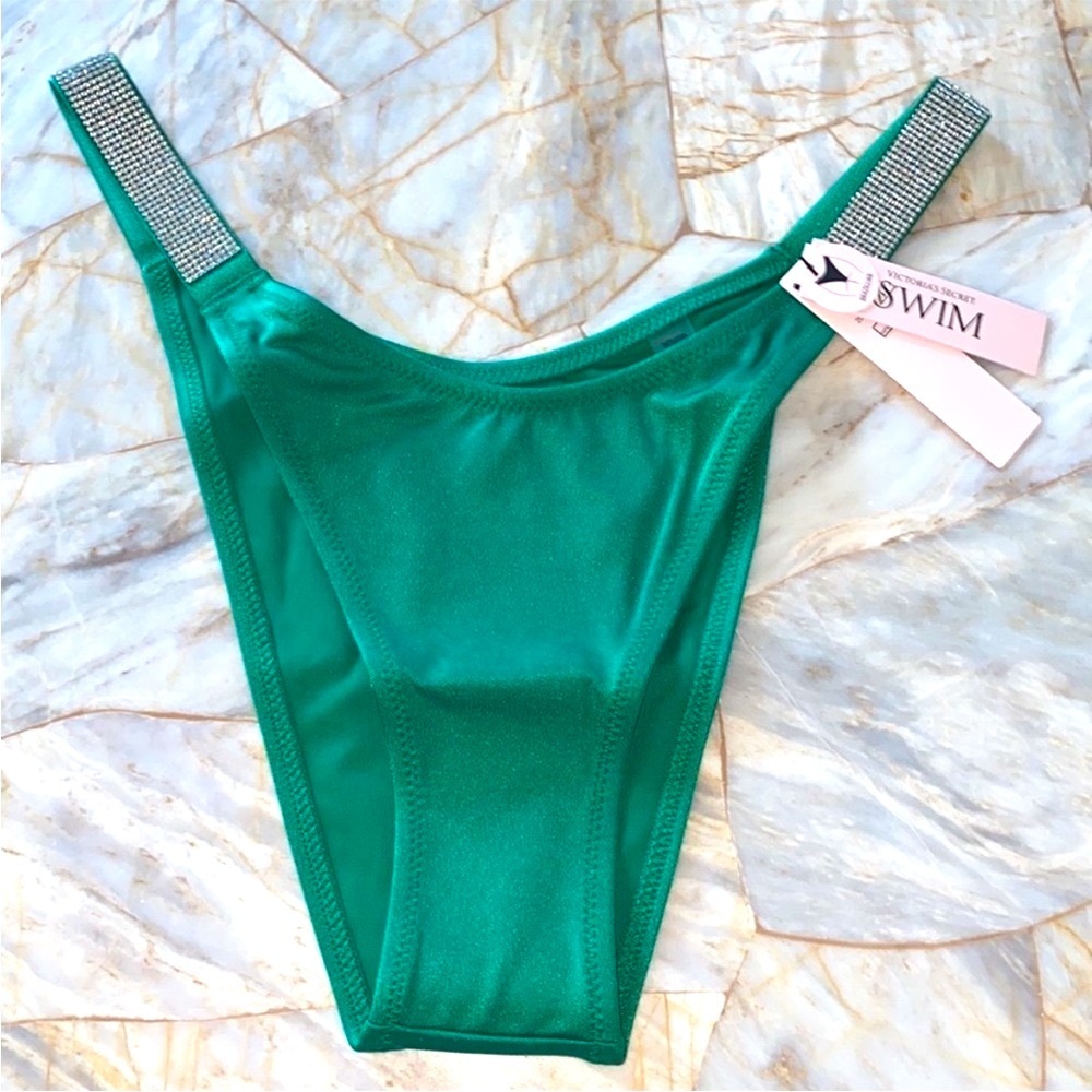New Victorias Secret Swim BOMBSHELL BIKINI BOTTOM Silver Shine Strap Green‎ XS
